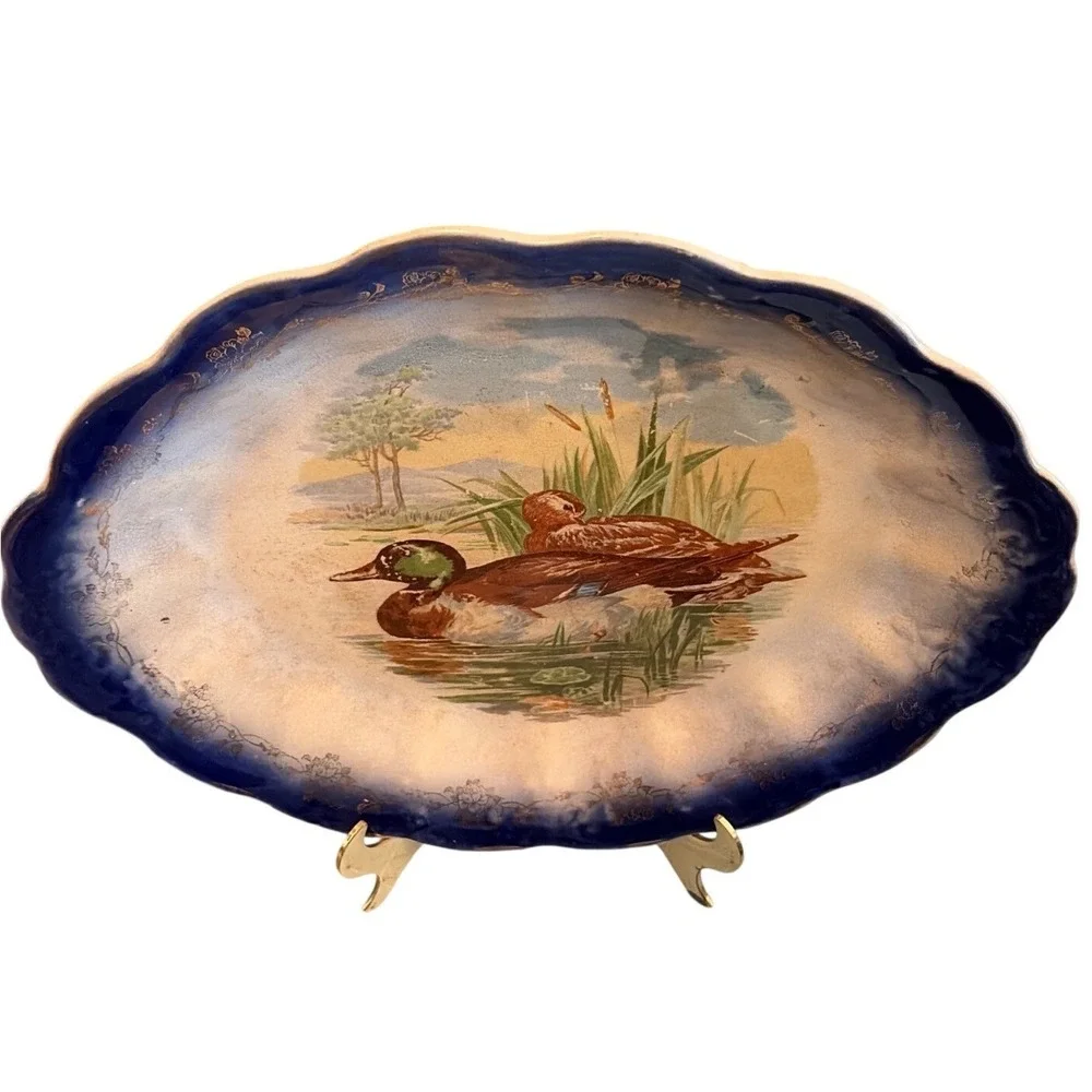 Antique Wood & Son Flow Blue Oval Platter‎ Ducks Gold & Scalloped Edge 15.5